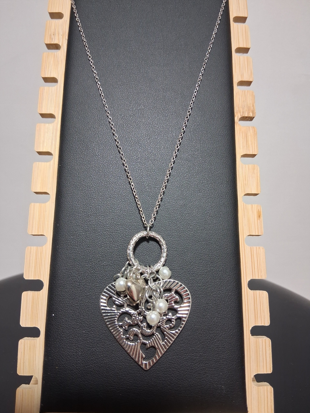 Silver Heart Pendant Necklace with Pearl Accents